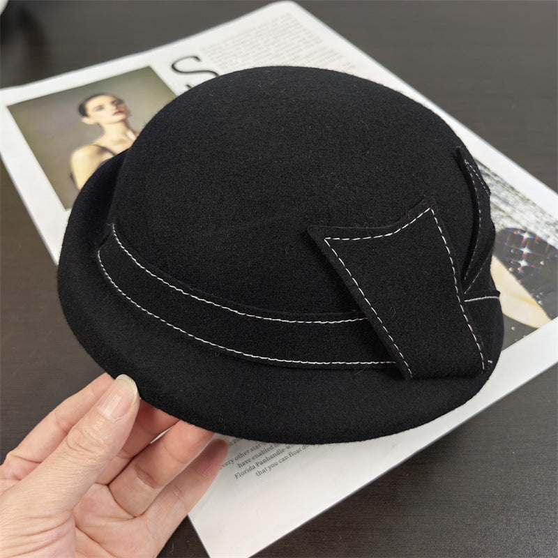 Autumn and winter wool hat retro beret elegant fashion bow basin hat