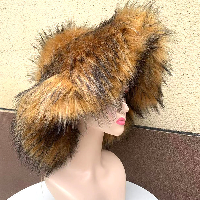 Fur hat large brim basin hat women's winter warm thick fur hat