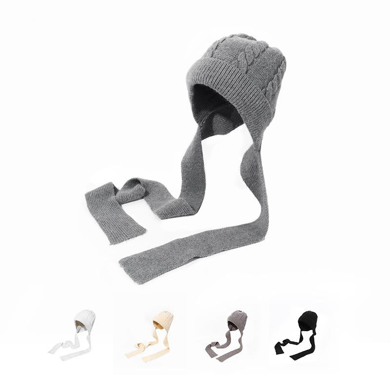 Solid color twist earmuffs knitted hat for women autumn and winter all-match warm thickened strappy wool hat