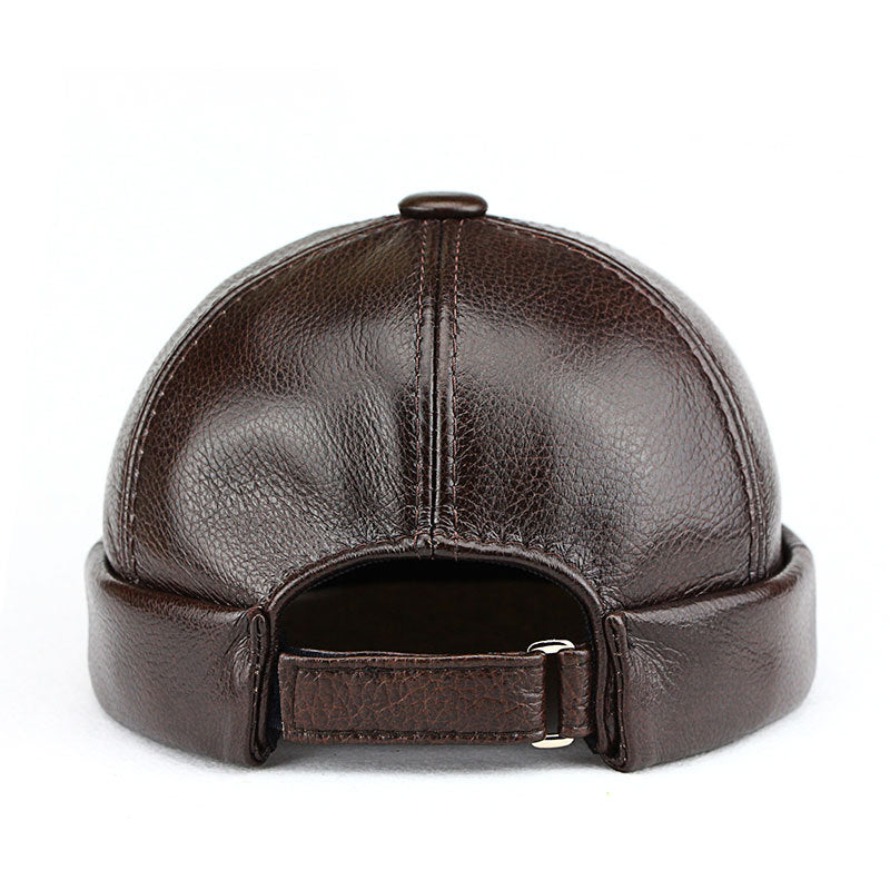 Men's cowhide brimless hat round top melon-shaped hat