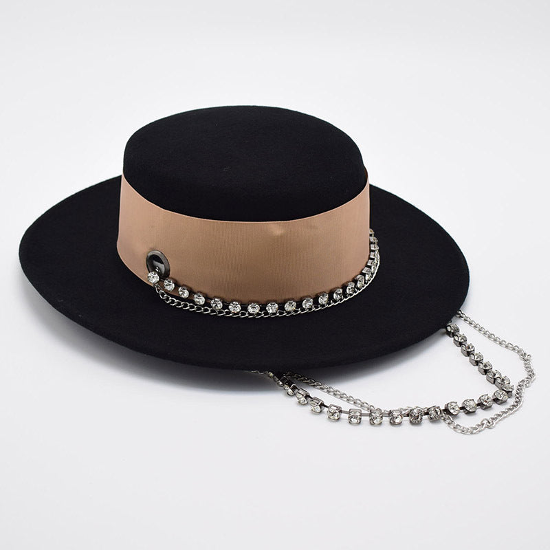 Wide Brim Flat Top White Wool Hat Women's Autumn and Winter Casual Fashion Pearl Chain Felt Hat