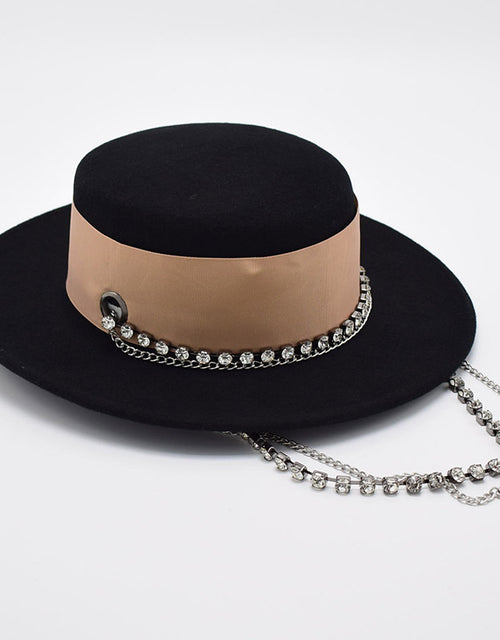 Wide Brim Flat Top White Wool Hat Women's Autumn and Winter Casual Fashion Pearl Chain Felt Hat