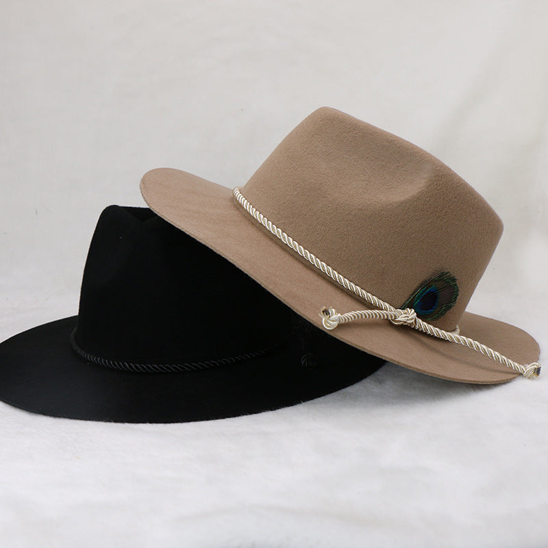 Cowboy hat wool felt hat western peacock feather gentleman hat jazz hat