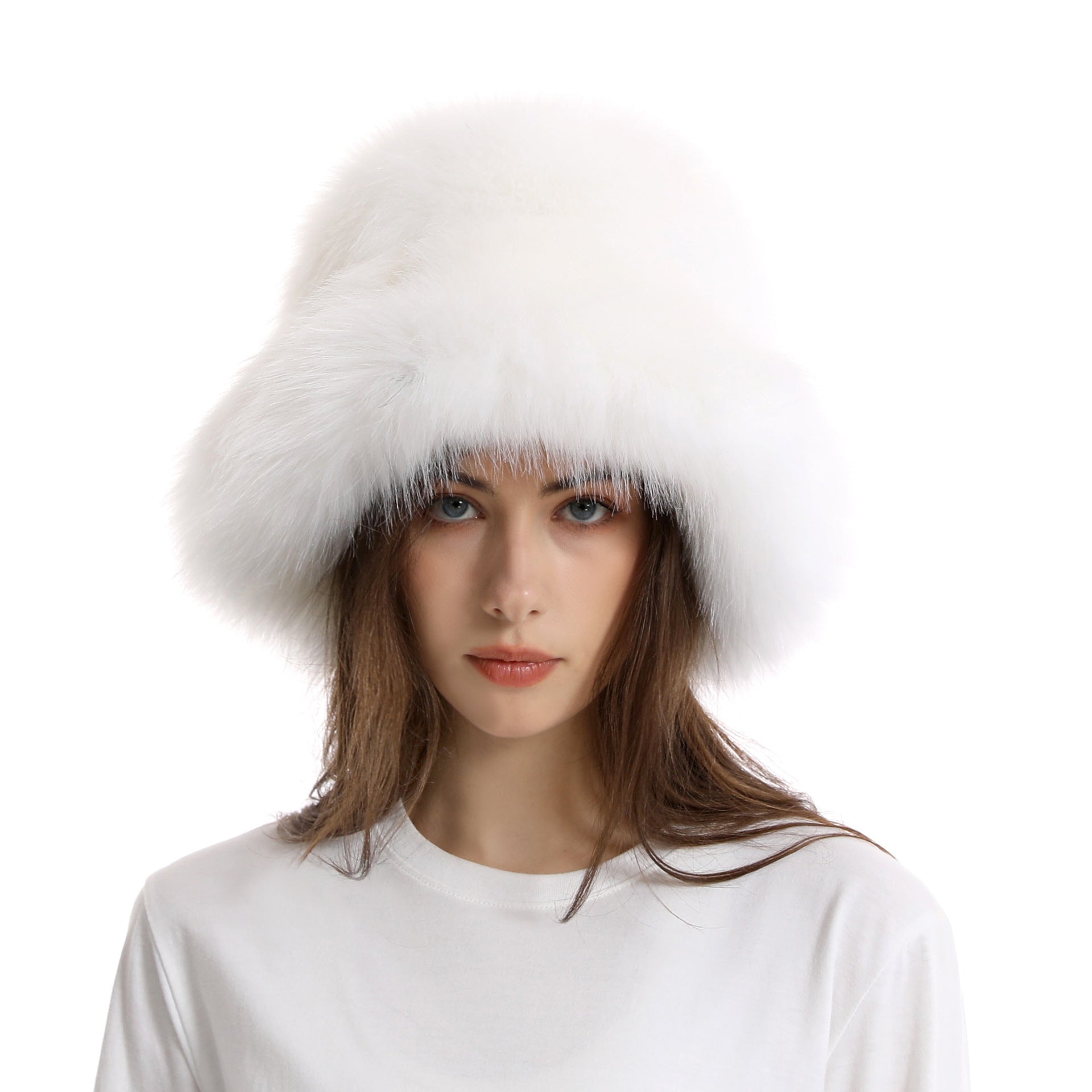 Fisherman hat winter women's solid color large brim basin hat long fur thick warm hat