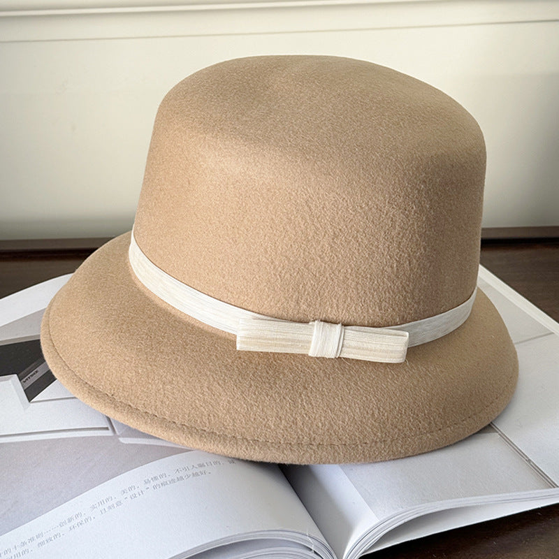 Linen Bow Wool Basin Hat Women's Top Hat Bucket Hat