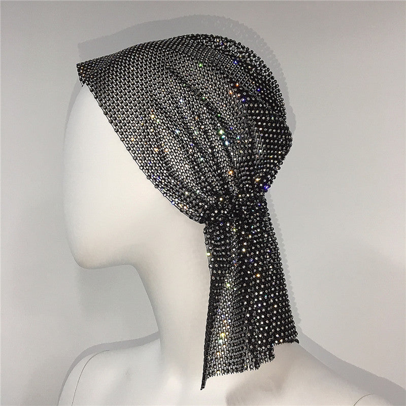 Women's mesh sparkling diamond elastic fishnet hat personality fashion bursting diamond fishnet headscarf hat