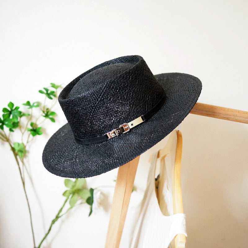 Black straw flat hat for women in summer sun protection and sun protection on the beach woven straw hat with wide brim