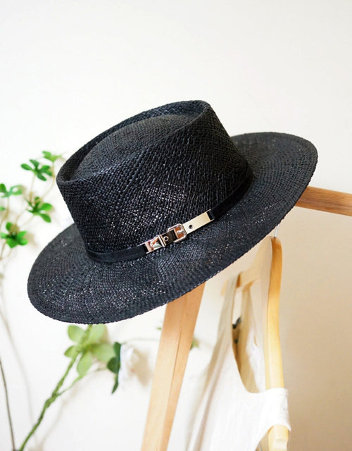 Black straw flat hat for women in summer sun protection and sun protection on the beach woven straw hat with wide brim