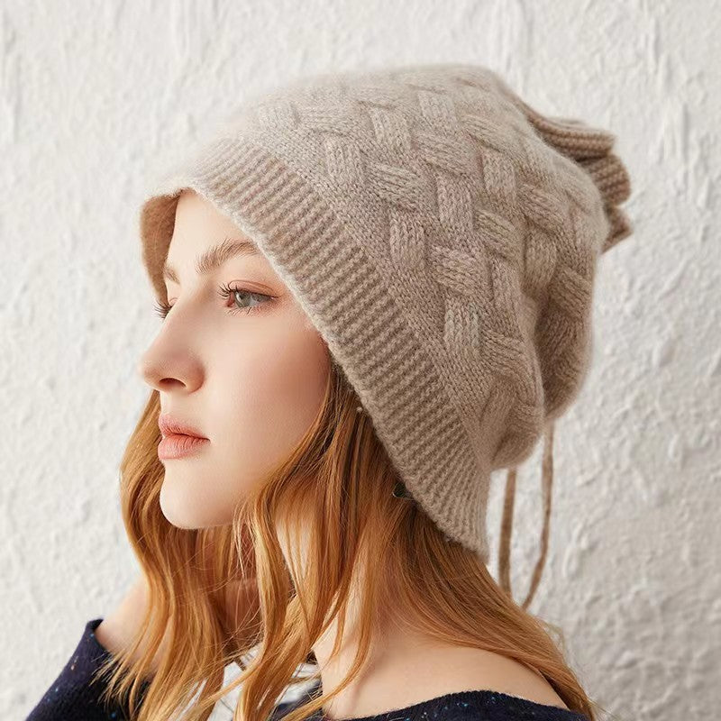 Thickened cashmere drawstring hat knitted hat autumn and winter pile hat