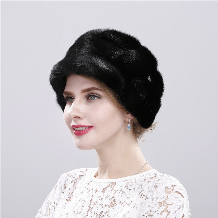 Women's fur hat winter warm duckbill hat with diamond