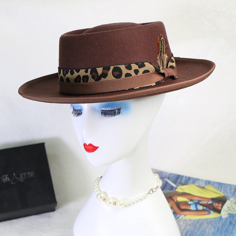 Wide Brim Retro Wool Flat Top Hat Autumn and Winter Felt Hat