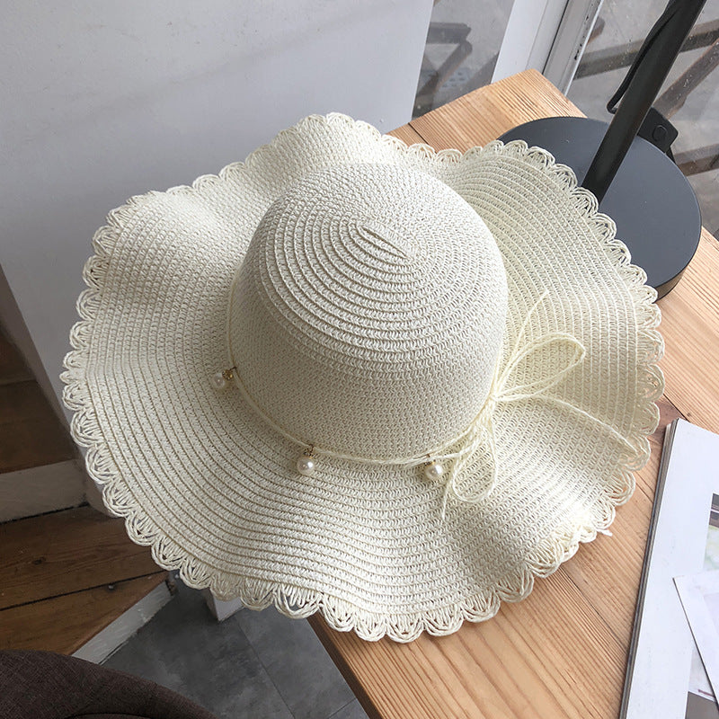 Summer wave wide brim straw hat versatile pearl casual sun protection beach sun hat