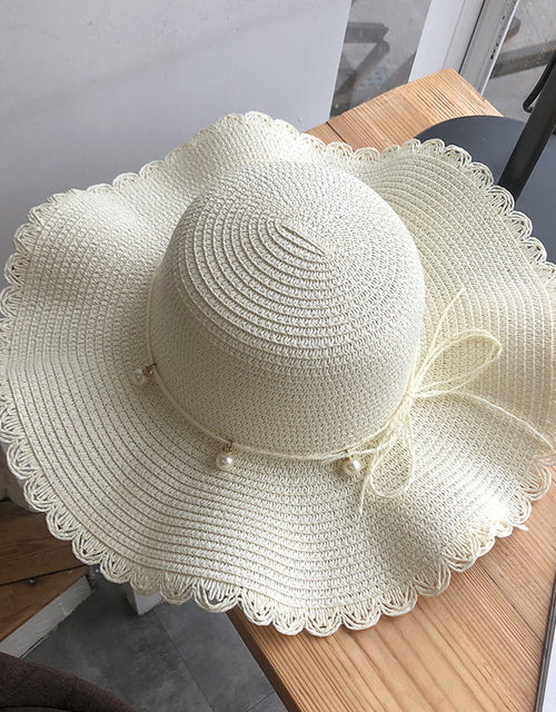 Summer wave wide brim straw hat versatile pearl casual sun protection beach sun hat