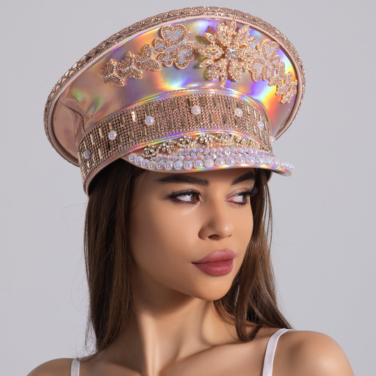 Fashion hat with diamonds and diamond hood flat hat