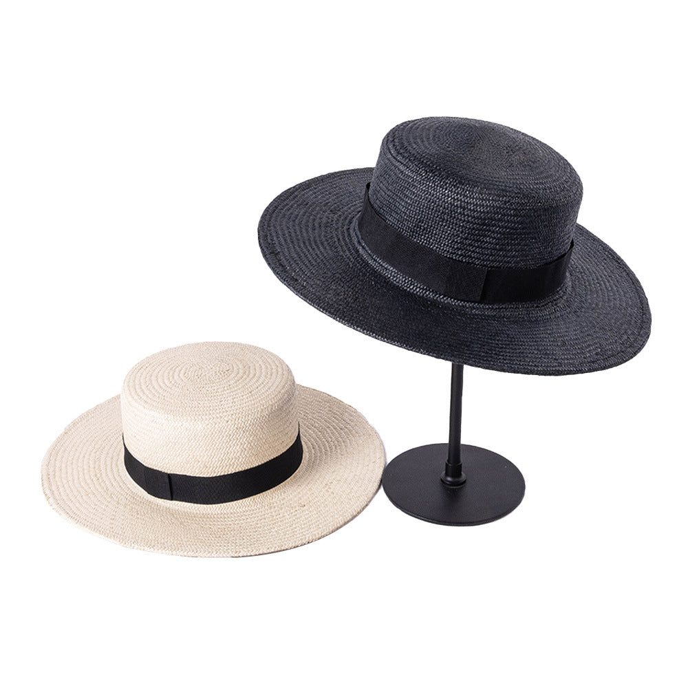 Spring and summer fashion retro ladies wide brim ribbon flat top straw hat outdoor shopping sun hat