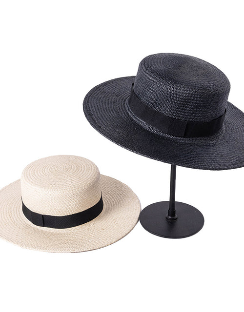 Spring and summer fashion retro ladies wide brim ribbon flat top straw hat outdoor shopping sun hat