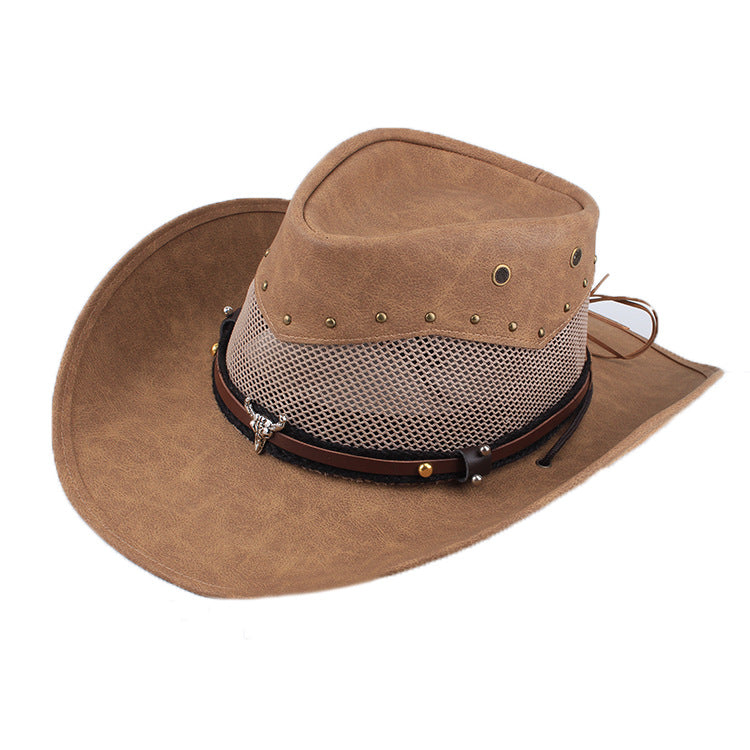 Vintage distressed leather men's and women's large brim riding hat travel cowboy hat sun protection