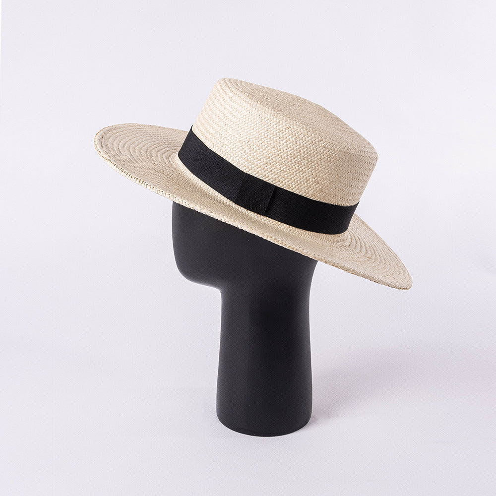 Spring and summer fashion retro ladies wide brim ribbon flat top straw hat outdoor shopping sun hat