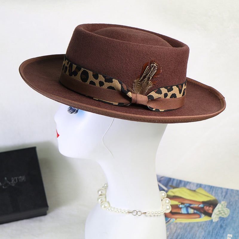 Wide Brim Retro Wool Flat Top Hat Autumn and Winter Felt Hat