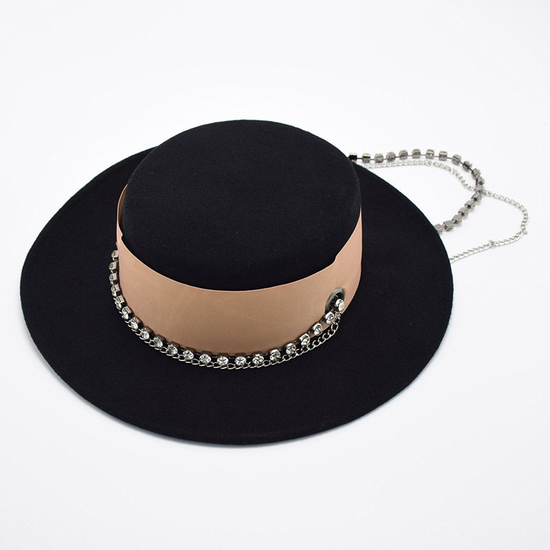 Wide Brim Flat Top White Wool Hat Women's Autumn and Winter Casual Fashion Pearl Chain Felt Hat