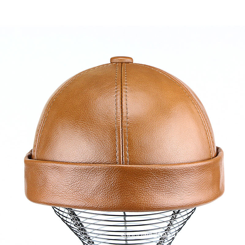 Men's cowhide brimless hat round top melon-shaped hat