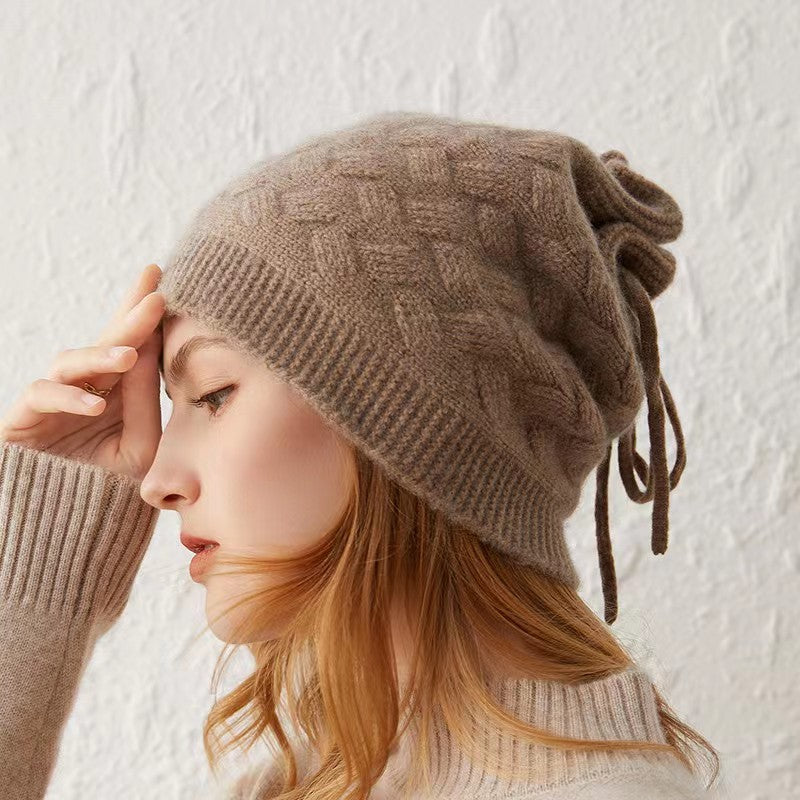 Thickened cashmere drawstring hat knitted hat autumn and winter pile hat