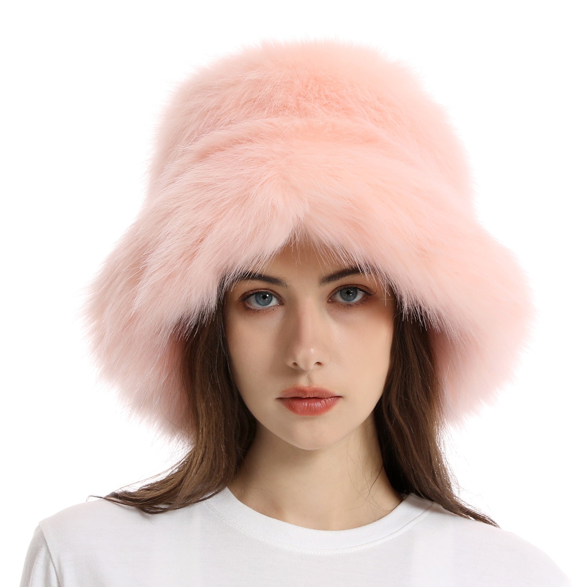 Fisherman hat winter women's solid color large brim basin hat long fur thick warm hat