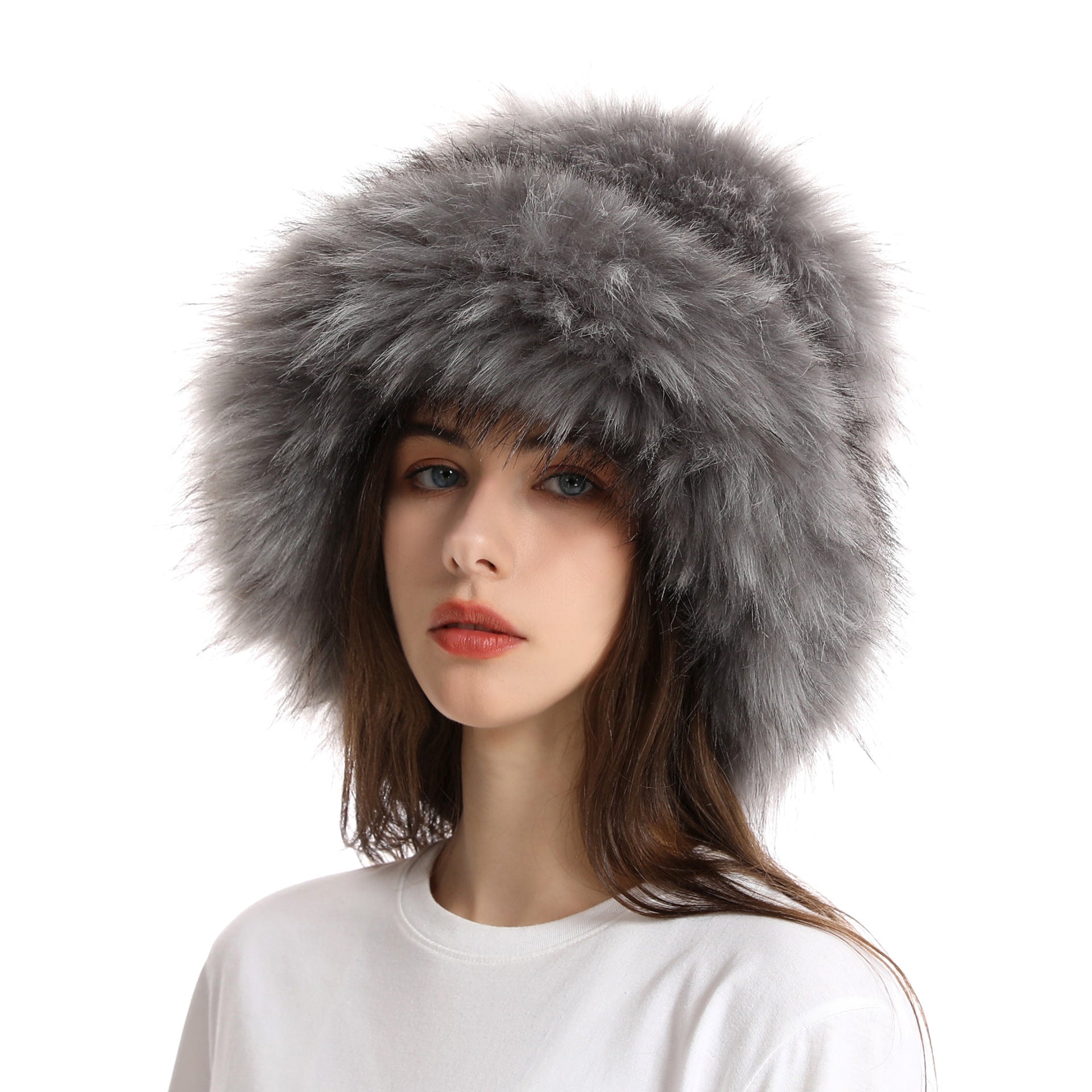 Fashion large brim bucket hat for women winter fur warm thick imitation fur hat