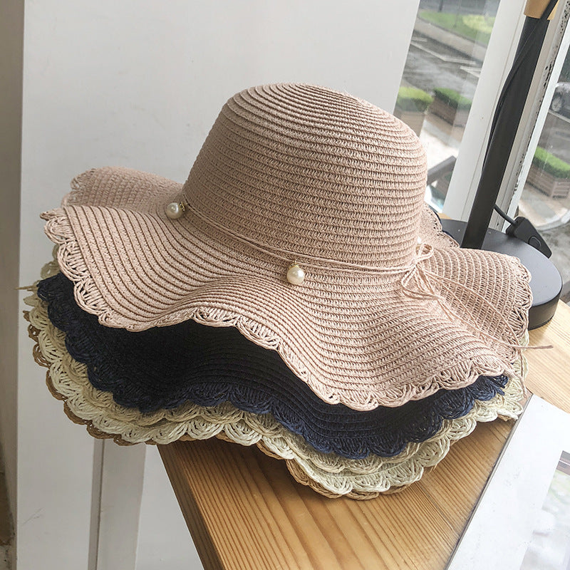 Summer wave wide brim straw hat versatile pearl casual sun protection beach sun hat