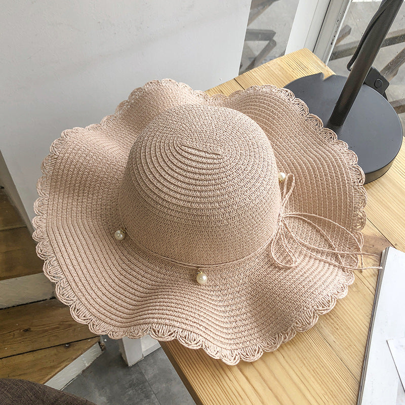 Summer wave wide brim straw hat versatile pearl casual sun protection beach sun hat