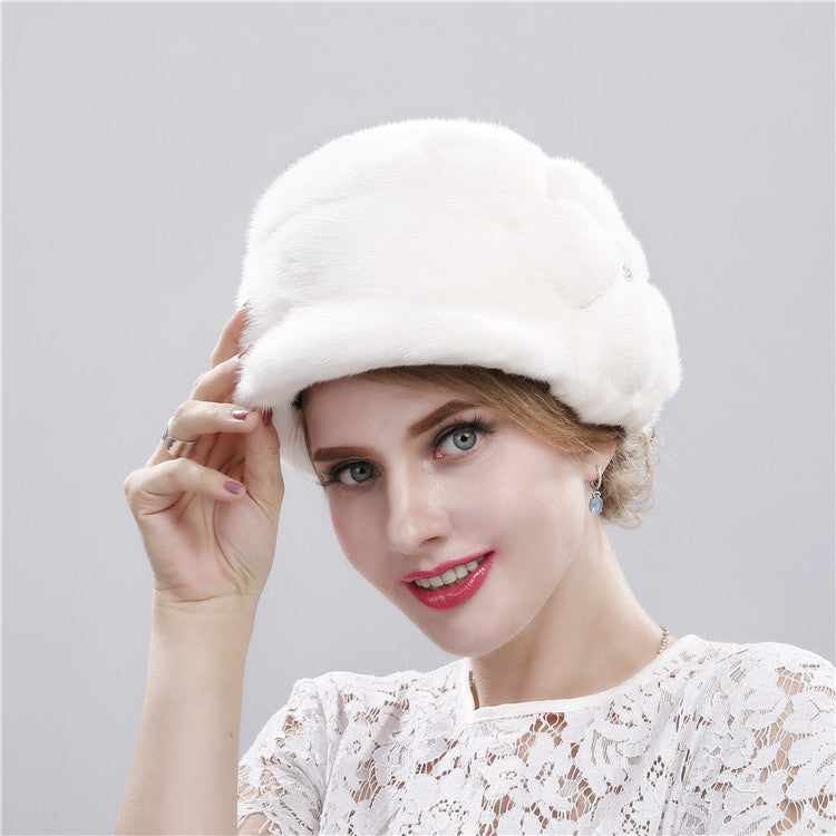 Women's fur hat winter warm duckbill hat with diamond