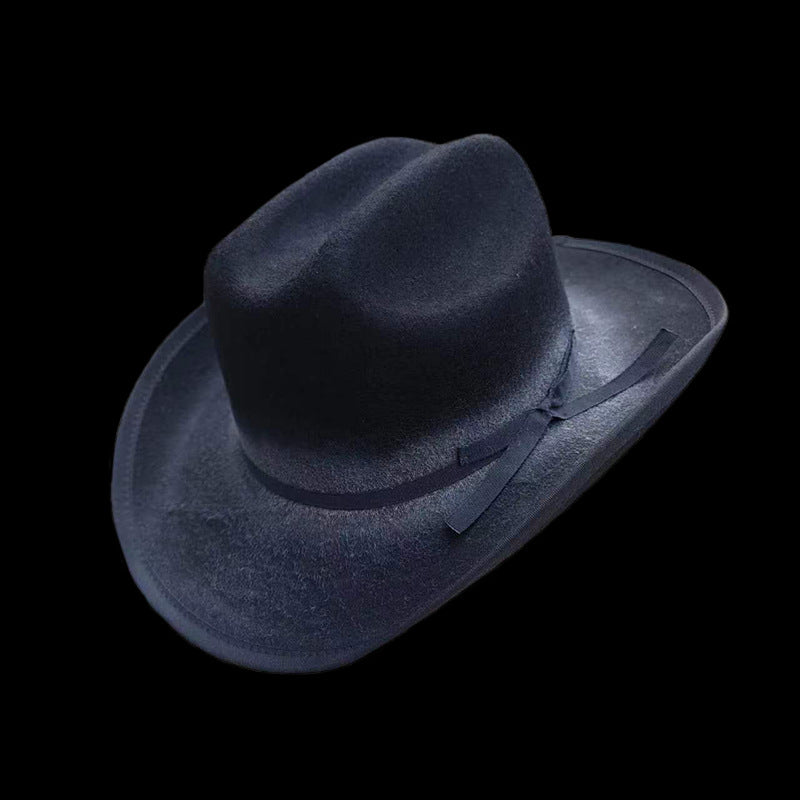 Pure wool cowboy hat fashionable and versatile old western cowboy hat thin ribbon decorated wool hat