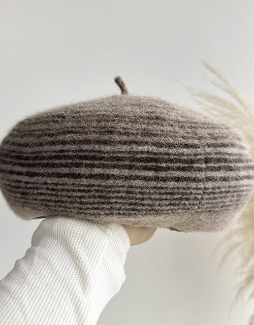 Autumn and winter retro literary style pinstripe fashion versatile knitted beret wool