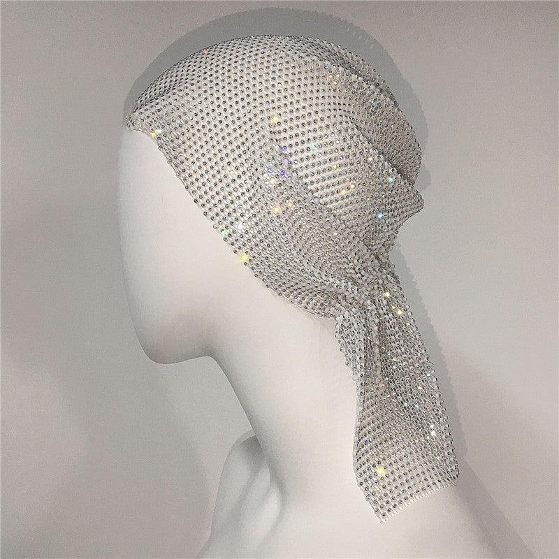 Women's mesh sparkling diamond elastic fishnet hat personality fashion bursting diamond fishnet headscarf hat