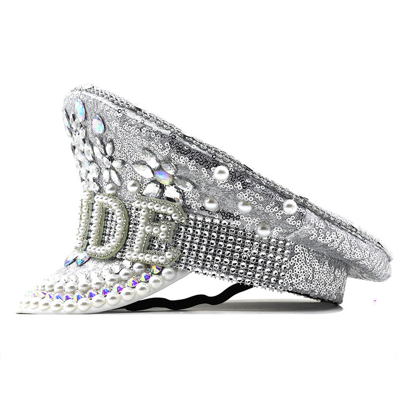 Women's letter pearl hat silver sequined diamond photography hat flat hat performance hat