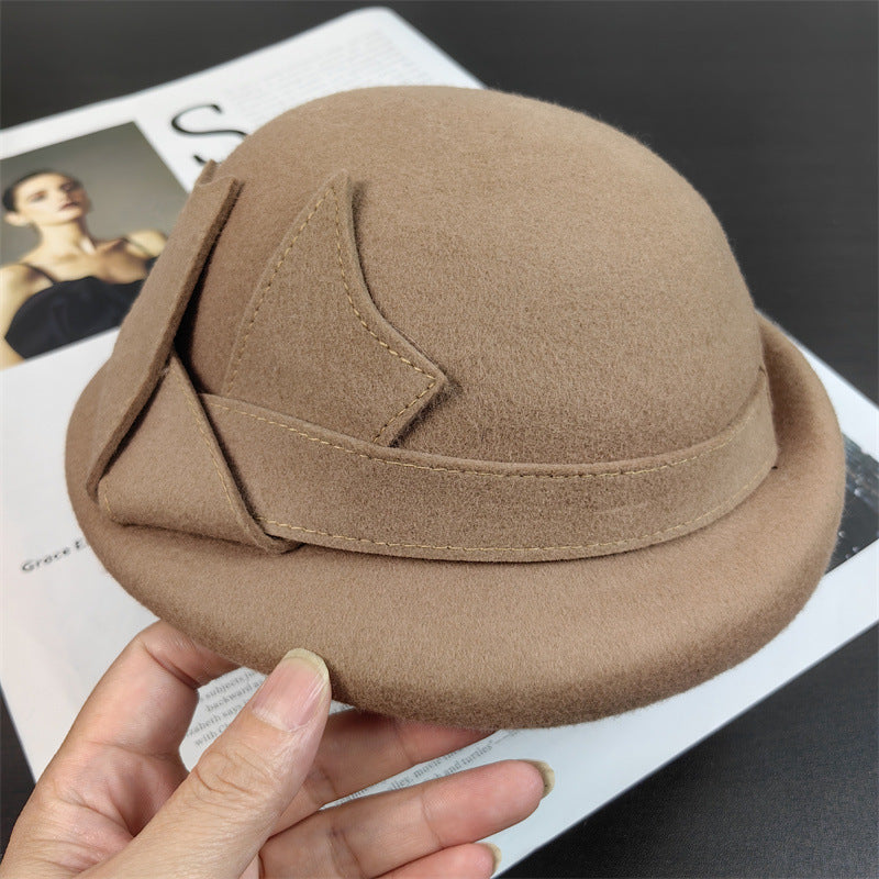 Autumn and winter wool hat retro beret elegant fashion bow basin hat