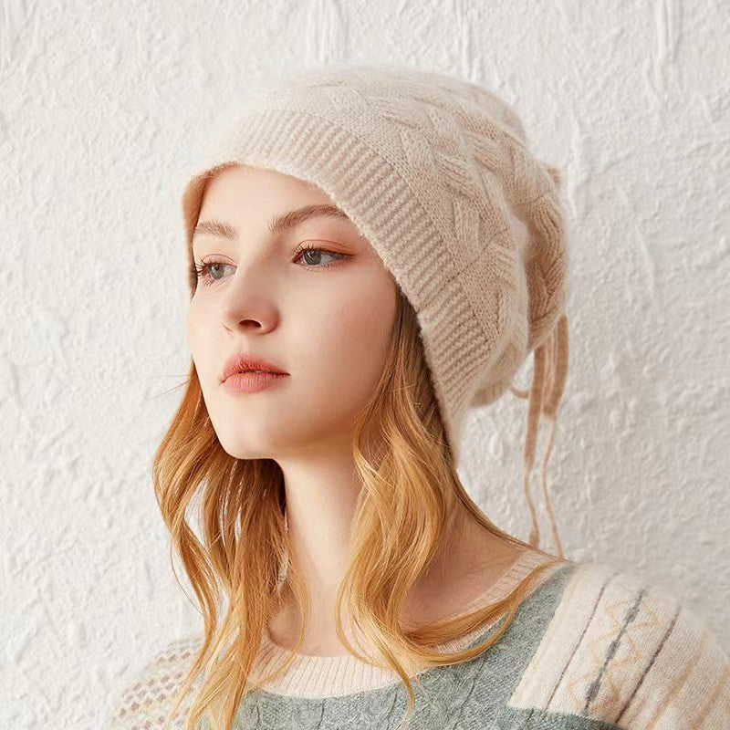 Thickened cashmere drawstring hat knitted hat autumn and winter pile hat