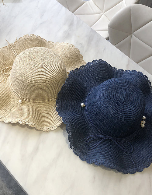 Summer wave wide brim straw hat versatile pearl casual sun protection beach sun hat