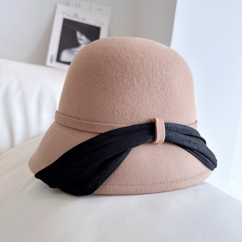 Silk linen ribbon fisherman hat women autumn and winter wool felt hat basin hat