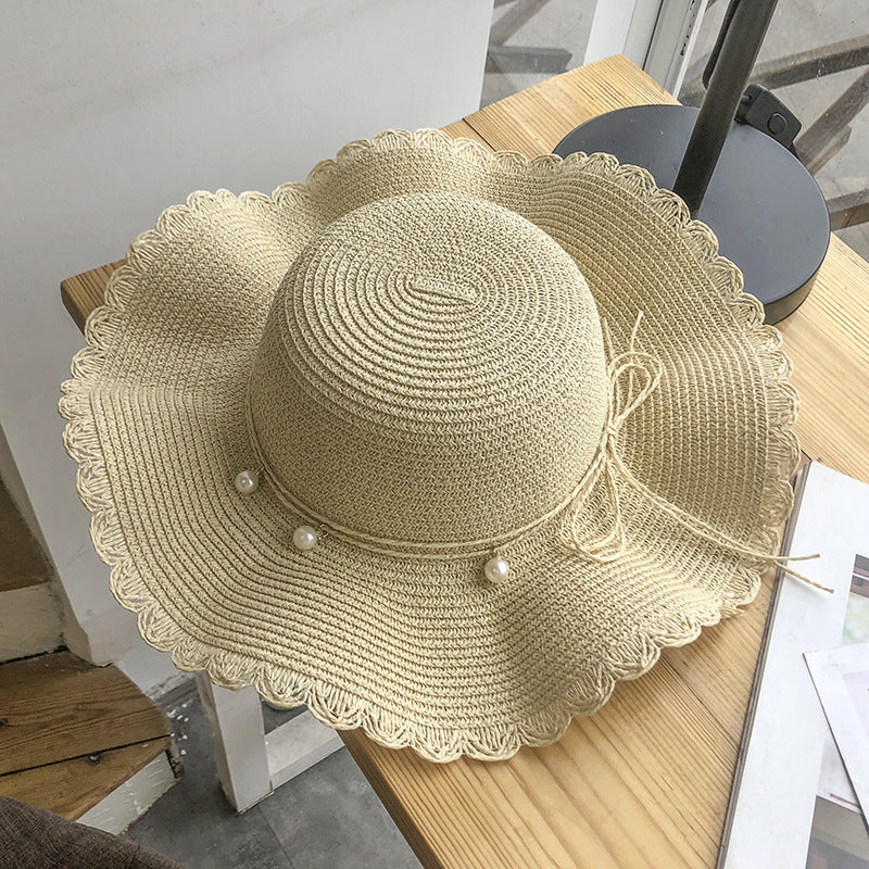 Summer wave wide brim straw hat versatile pearl casual sun protection beach sun hat