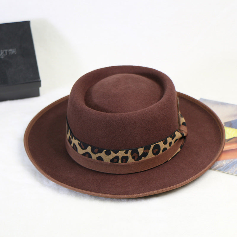 Wide Brim Retro Wool Flat Top Hat Autumn and Winter Felt Hat