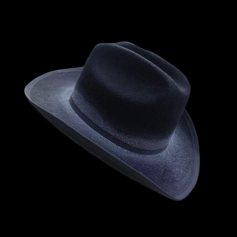 Pure wool cowboy hat fashionable and versatile old western cowboy hat thin ribbon decorated wool hat