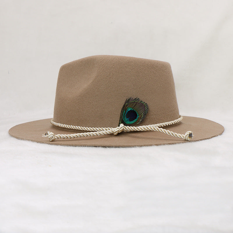 Cowboy hat wool felt hat western peacock feather gentleman hat jazz hat