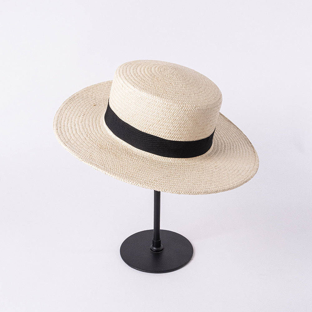 Spring and summer fashion retro ladies wide brim ribbon flat top straw hat outdoor shopping sun hat