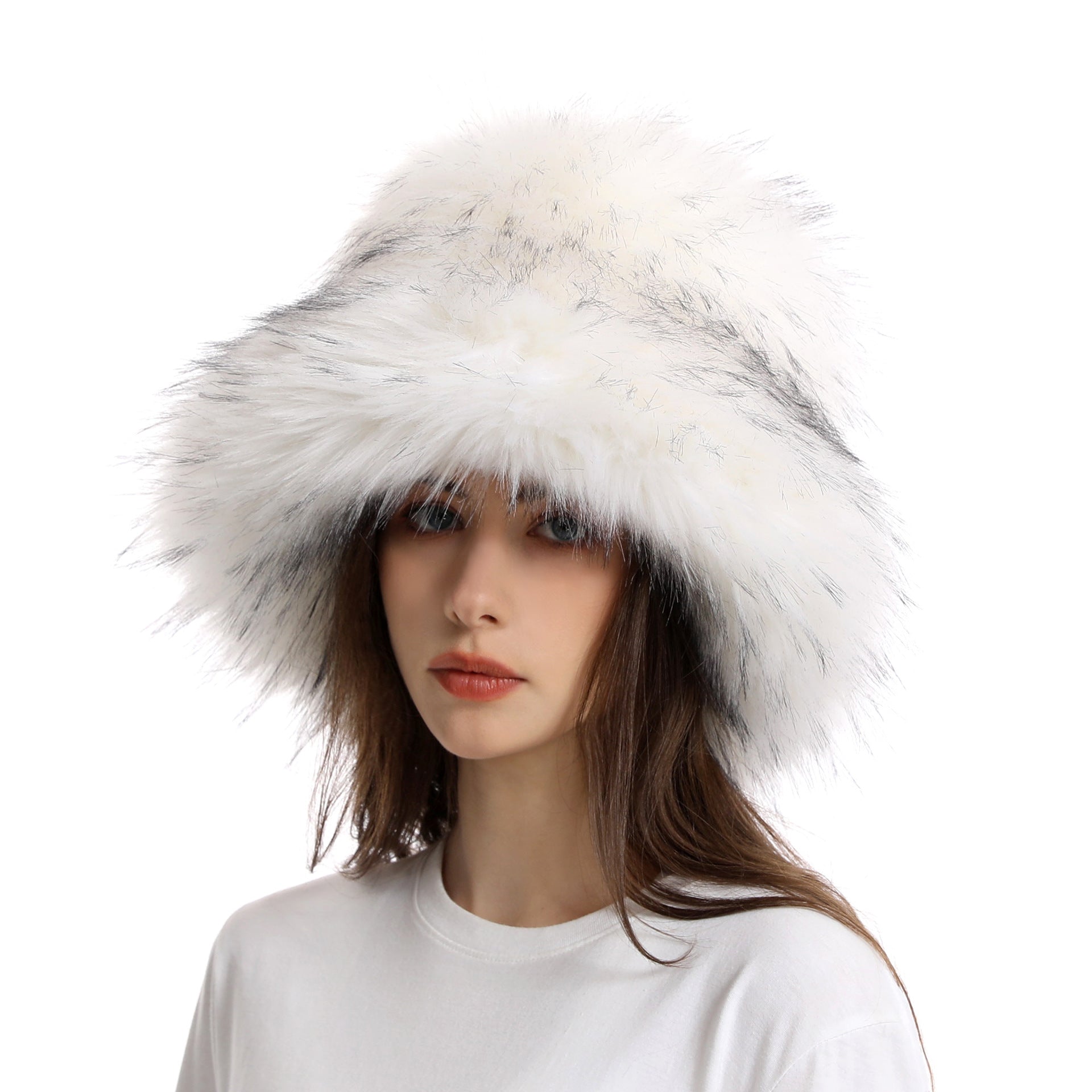 Fashion large brim bucket hat for women winter fur warm thick imitation fur hat