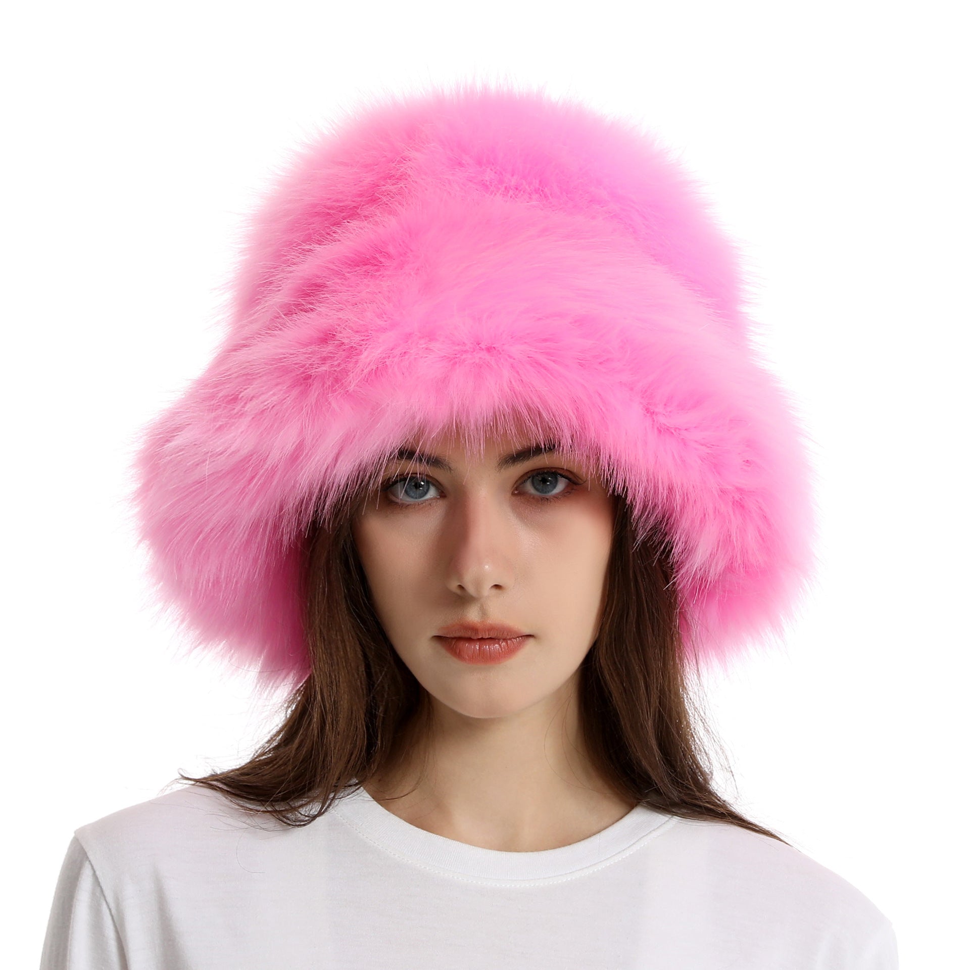 Fisherman hat winter women's solid color large brim basin hat long fur thick warm hat