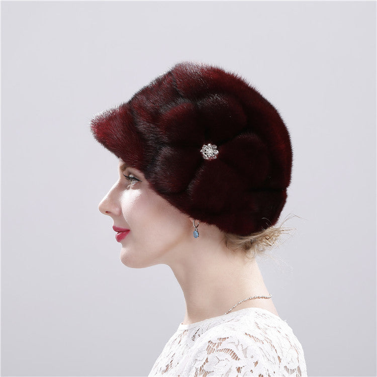 Women's fur hat winter warm duckbill hat with diamond