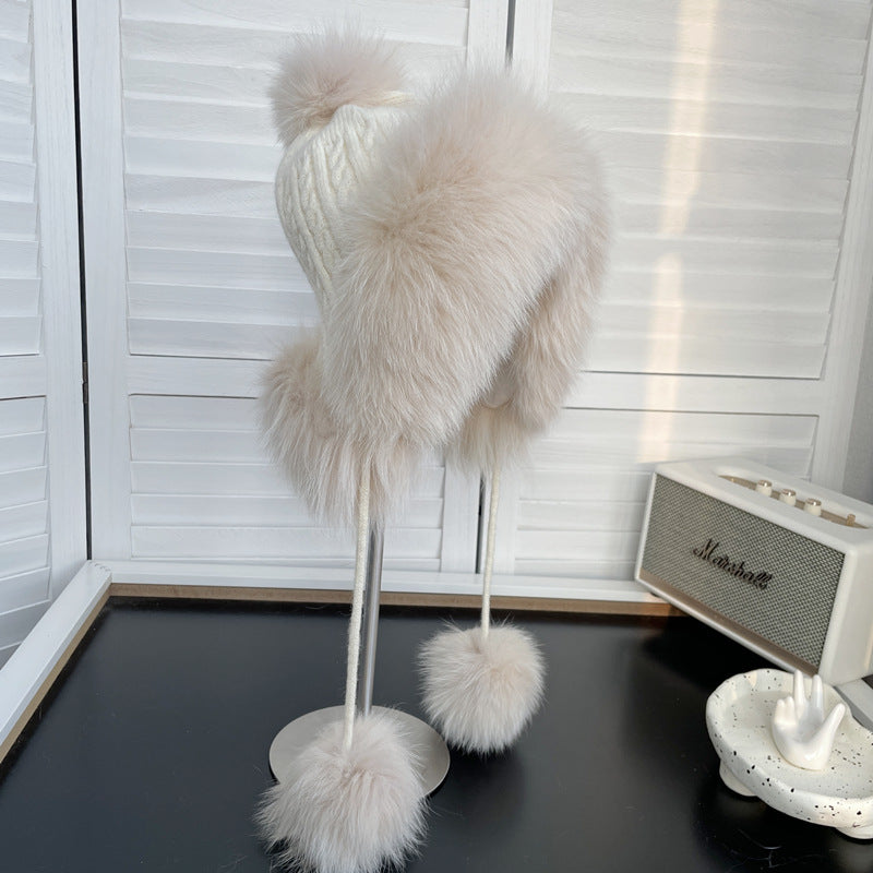 Winter fox fur Lei Feng hat knitted plush wool hat sweet and cute ear protection warm hat for women