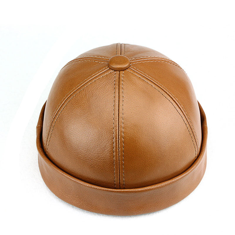 Men's cowhide brimless hat round top melon-shaped hat