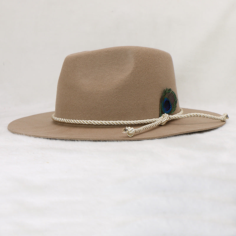 Cowboy hat wool felt hat western peacock feather gentleman hat jazz hat